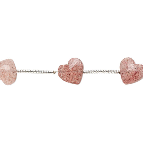 Bead, strawberry quartz (natural), 8x8mm diagonally drilled hand-cut faceted puffed heart, B Grade, Mohs hardness 7. Sold per pkg of 10. image number 0