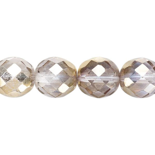 Bead, Czech fire-polished glass, pkg/15-1/2 to 16 inches, 12mm faceted round, opaque metallic clear and gold, (00030-10115). image number 0