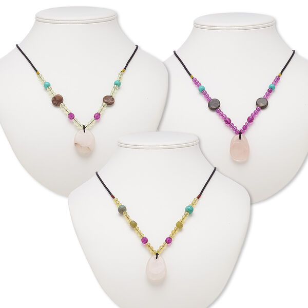 Rose quartz / multi-gemstone / acrylic 1pkg3, oval necklace continuous 20 inch mix 27x20mm-32x28mm image number 0