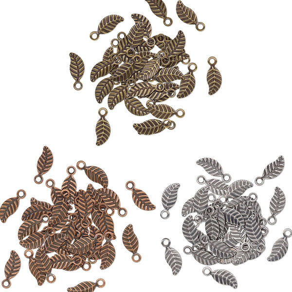 Charm mix, antique silver- / brass- / copper-plated brass, 7x3.5mm double-sided leaf. Sold per pkg of 100. image number 0