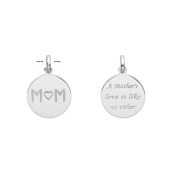 Drop, sterling silver, 16mm two-sided round with "A Mother's love is like no other" and "MOM." Sold individually. image number 0