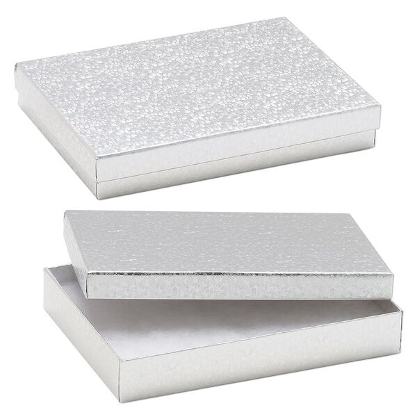 Box, paper, "cotton"-filled, silver, 7-1/8 x 5-1/8 x 1-1/8 inch rectangle. Sold per pkg of 10. image number 0