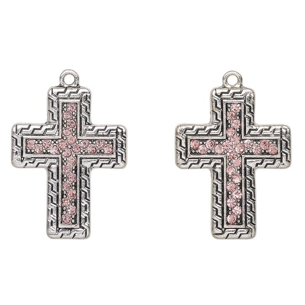 Focal, antique silver-finished "pewter" (zinc-based alloy) and glass, pink, 30x23mm cross. Sold per pkg of 2. image number 0