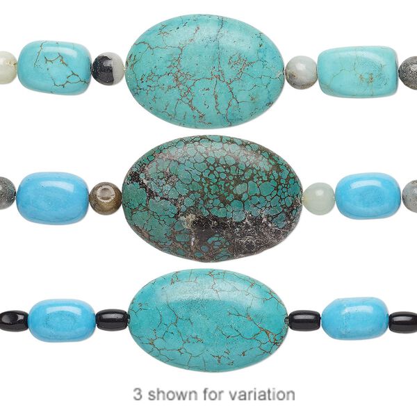 Bead mix, "turquoise" (imitation) resin / multi-gemstone (natural / dyed / heated / irradiated) / glass, blue / blue-green / forest green, 6mm-34x24mm mixed shape. Sold per pkg of 7. image number 0