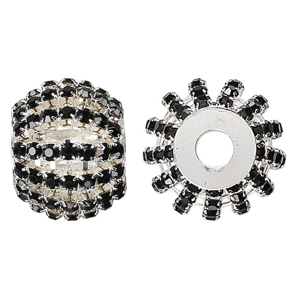 Bead, glass rhinestone and silver-plated brass, black, 25x20mm barrel with 3mm chatons, 6.5mm hole. Sold individually. image number 0