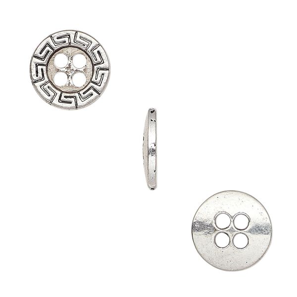 Button, antiqued silver-finished "pewter" (zinc-based alloy), 12mm single-sided flat round with Greek key design. Sold per pkg of 50. image number 0