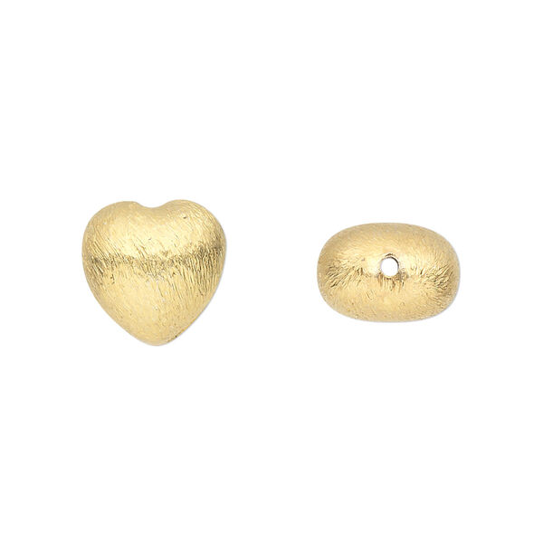 Bead, gold-finished brass, 12x12mm brushed puffed heart. Sold per pkg of 4. image number 0