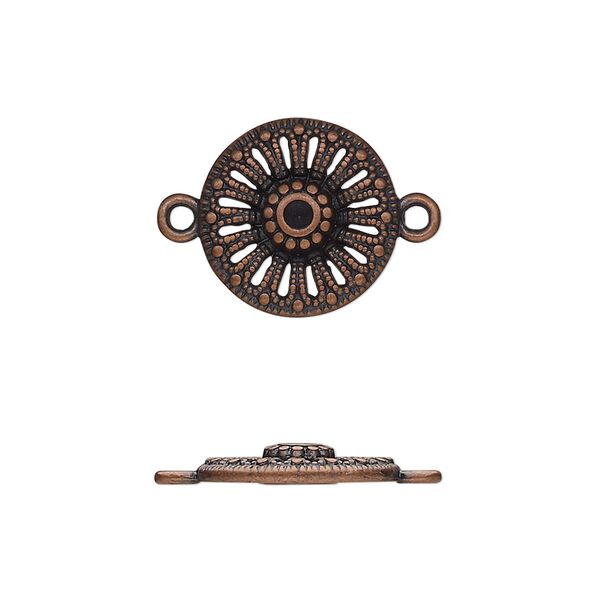 Link, antique copper-finished "pewter" (zinc-based alloy), 15mm single-sided round with cutout flower and beaded design. Sold per pkg of 20. image number 0