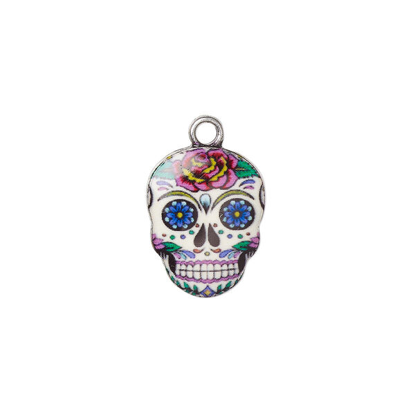 Charm, resin and antique silver-plated "pewter" (zinc-based alloy), multicolored, 17.5x14mm single-sided Dia de los Muertos skull with flower design. Sold individually. image number 0