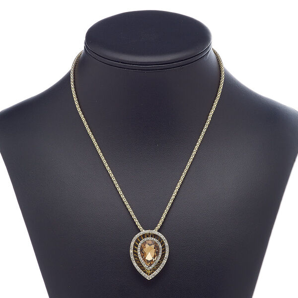 Necklace, glass rhinestone / glass / gold-finished steel / "pewter" (zinc-based alloy), topaz brown and clear, 35x27mm teardrop, 18 inches with 3-inch extender chain and lobster claw clasp. Sold individually. image number 0