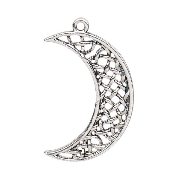 Focal, antique silver-finished "pewter" (zinc-based alloy), 34x24mm double-sided Celtic moon with cutouts. Sold per pkg of 4. image number 0