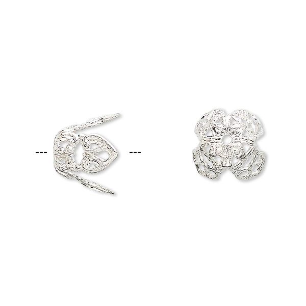 Bead cap, silver-plated brass, 11x10mm long filigree, fits 12-14mm bead. Sold per pkg of 100. image number 0