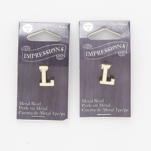 Bead, gold-finished "pewter" (zinc-based alloy), 13x9mm top-drilled letter "L" with 2.5mm hole. Sold per pkg of 2. image number 0