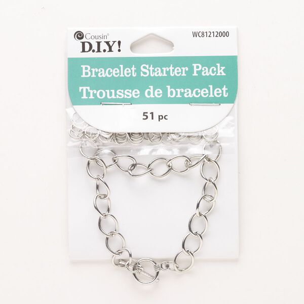 Bracelet starter kit, steel, pkg/1, 6mm 21-gauge open jump rings and 8mm curb chain, silver finish. image number 0