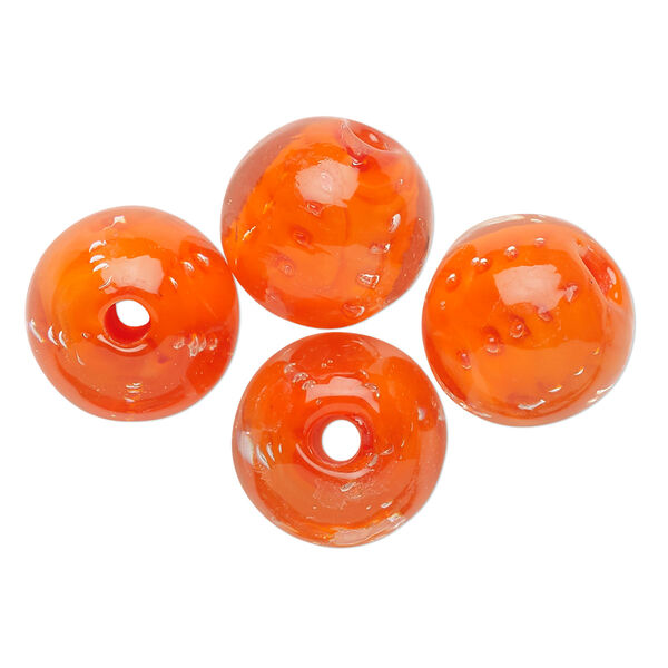 Bead, lampworked glass, translucent orange, 14mm round. Sold per pkg of 4. image number 0