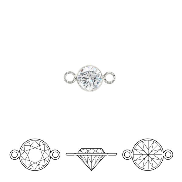Link, cubic zirconia and sterling silver, clear, 6.5mm round with 6mm faceted round. Sold individually. image number 0
