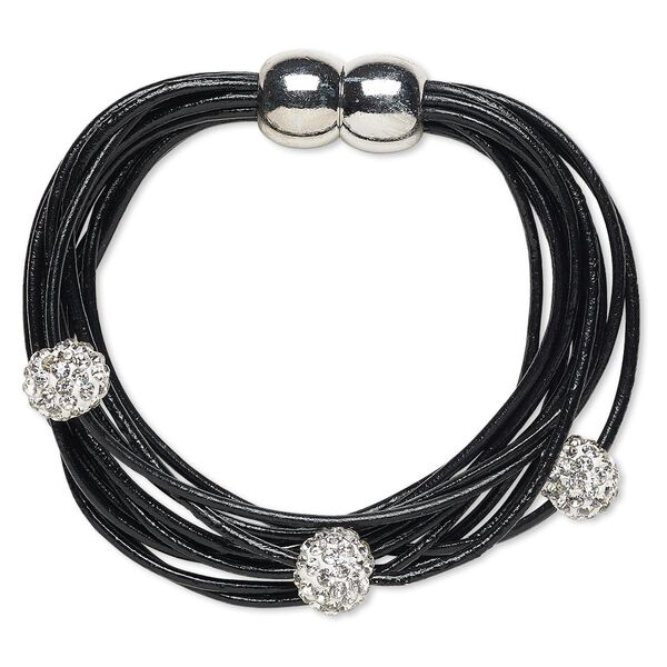 Bracelet, 10-strand, leather (dyed) / glass rhinestone / silver-finished "pewter" (zinc-based alloy), black and clear, 10mm round, 6-1/2 inches with magnetic clasp. Sold individually. image number 0