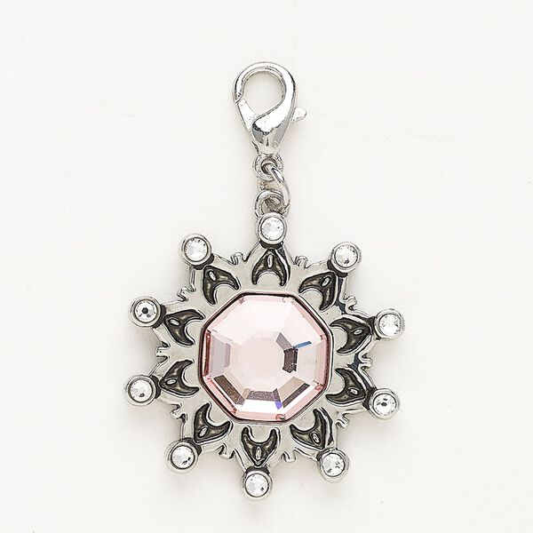 Charm, "pewter" (zinc-based alloy) / glass / enamel, pkg/1, 24x23mm snowflake with lobster claw clasp, silver finish / pink / clear. image number 0