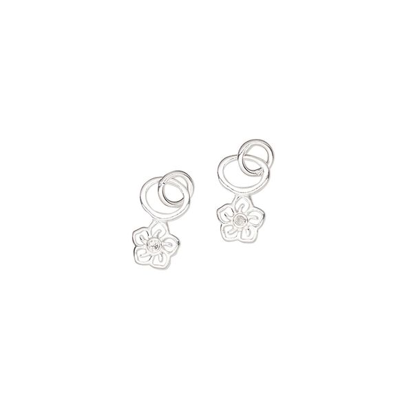 Charm, sterling silver and cubic zirconia, clear, 5mm single-sided cutout flower with 4mm closed round loop. Sold per pkg of 2. image number 0
