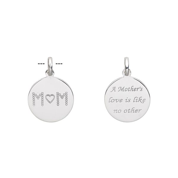 Drop, sterling silver, 16mm two-sided round with "A Mother's love is like no other" and "MOM." Sold individually. image number 0