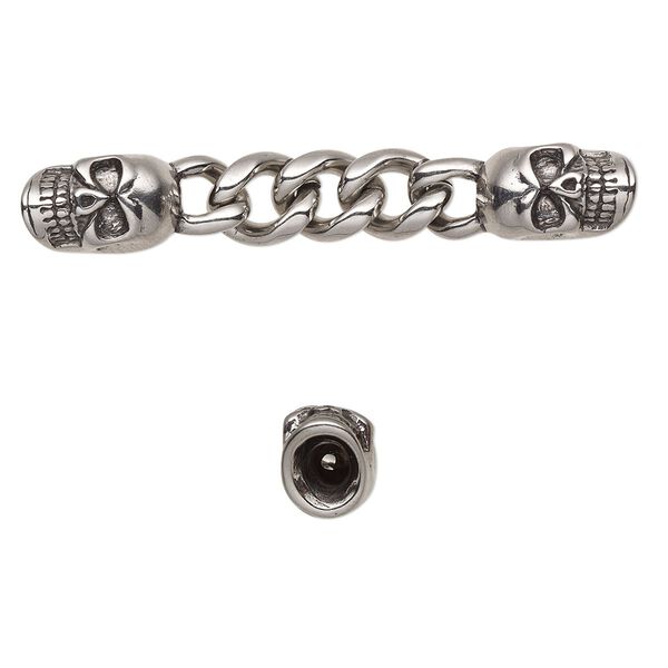 Focal, antiqued stainless steel, 60x9mm with 15x9mm skull and 9mm curb chain with 2 glue-in cord ends, 3.5mm inside diameter. Sold individually. image number 0