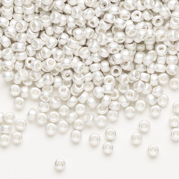 Seed bead, Miyuki, glass, pkg/250g, #8 rocaille, opaque silver-plated matte, (RR-961F). image number 0