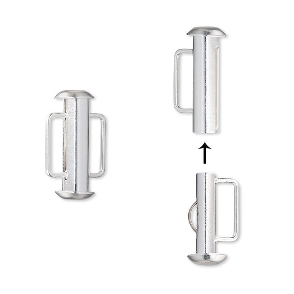 Clasp, slide lock, silver-plated brass, 16x6mm round tube. Sold per pkg of 4. image number 0