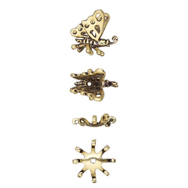 Bead cap, antique gold-finished bronze, 11mm butterfly and 10mm bottom cap, fits 8-10mm bead. Sold per 2-piece set. image number 0