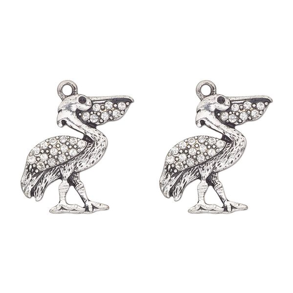Charm, antique silver-finished "pewter" (zinc-based alloy) and glass, clear and black, 25x24mm single-sided pelican. Sold per pkg of 2. image number 0
