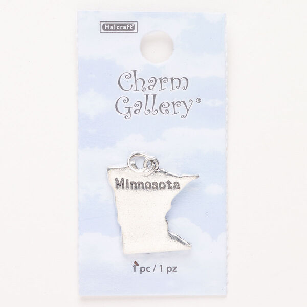 Charm, steel and enamel, pkg/1, silver finish and black, 22x21mm with "Minnesota." image number 0
