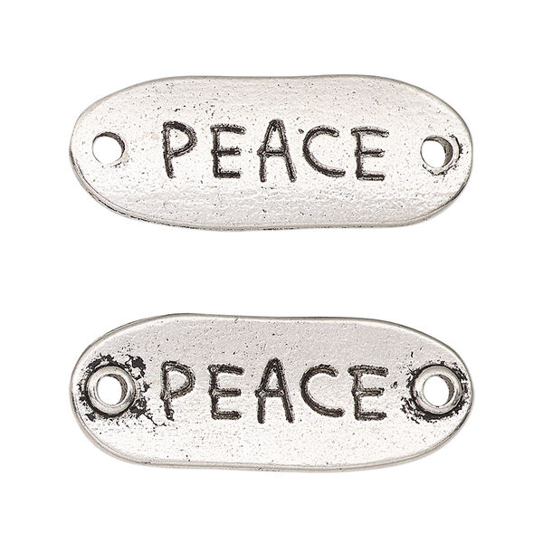 Link, antique silver-finished "pewter" (zinc-based alloy), 33x13mm two-sided oval with "PEACE." Sold per pkg of 2. image number 0