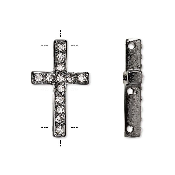 Spacer, Czech glass rhinestone and painted "pewter" (zinc-based alloy), clear and black, 25x15mm single-sided 3-strand cross with 2mm faceted round, fits up to 10mm bead. Sold per pkg of 2. image number 0