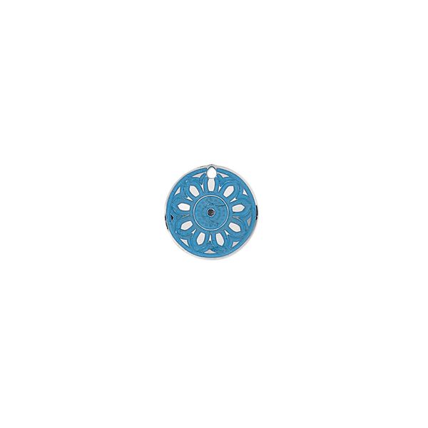 Drop, stainless steel, blue patina, 10mm single-sided domed round with flower mandala design. Sold per pkg of 8. image number 0