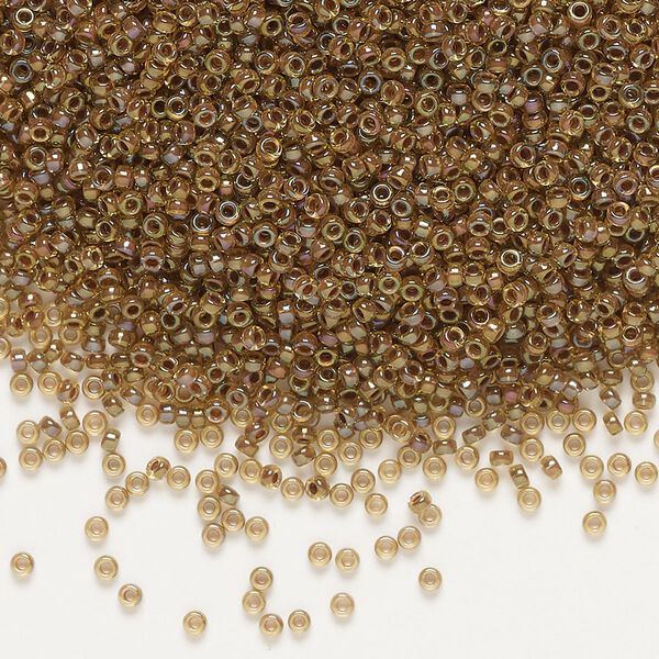 Seed bead, Miyuki, glass, pkg/35g, #15 rocaille, translucent mauve-lined luster light topaz (RR-379). image number 0
