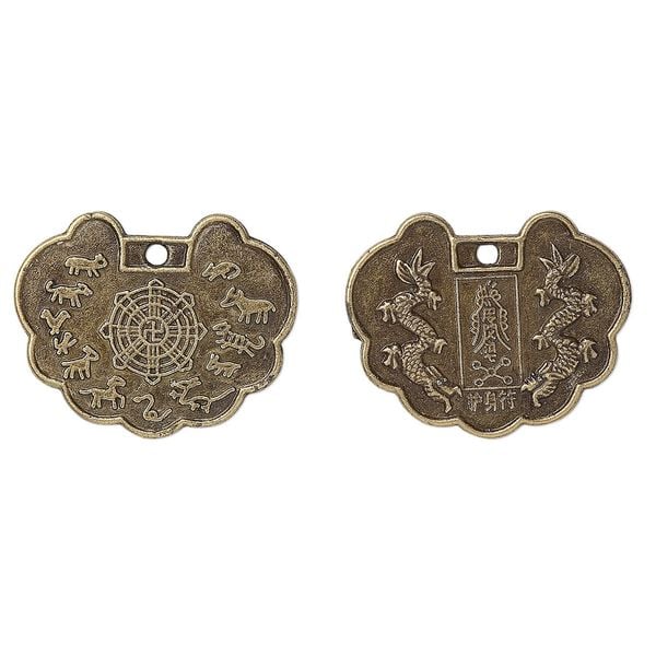 Focal, antique brass-plated "pewter" (zinc-based alloy), 30x23mm Chinese Zodiac "protective talisman." Sold per pkg of 50. image number 0
