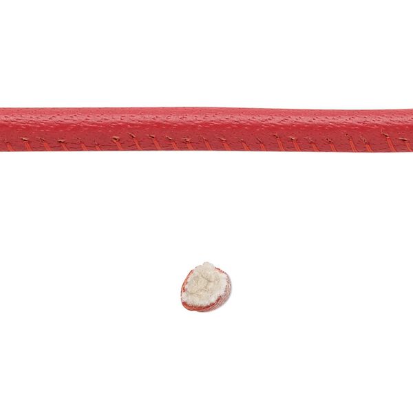 Cord, leather and cotton (dyed), red, 4mm zigzag-stitched round. Sold per 1-yard section. image number 0