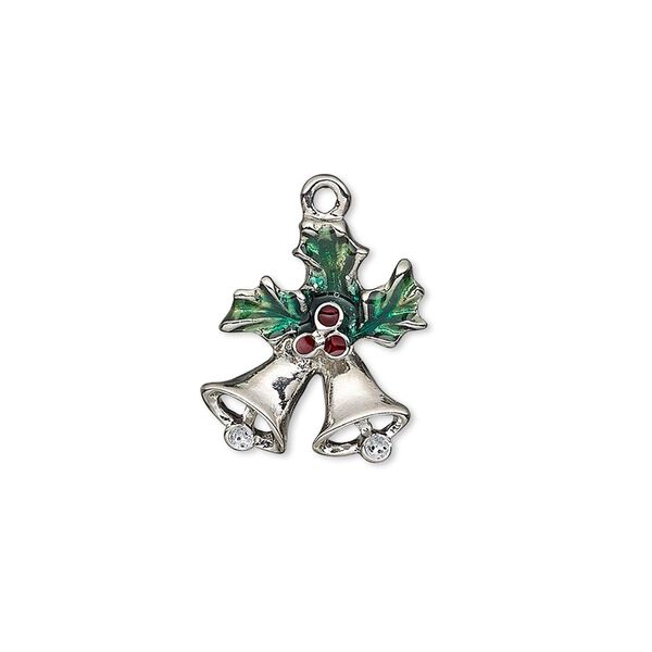 Charm, enamel and imitation rhodium-plated "pewter" (zinc-based alloy), green / red / white with glitter, 16x14mm single-sided bells and holly. Sold individually. image number 0