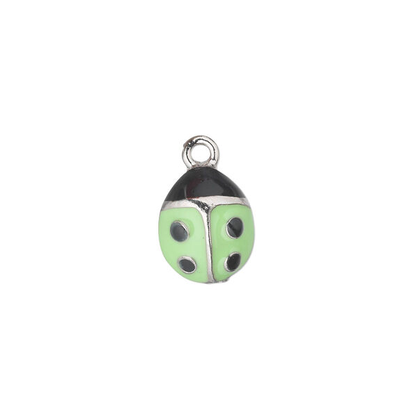 Charm, antiqued pewter (tin-based alloy) with enamel, green, 12x10mm single-sided ladybug. Sold individually. image number 0