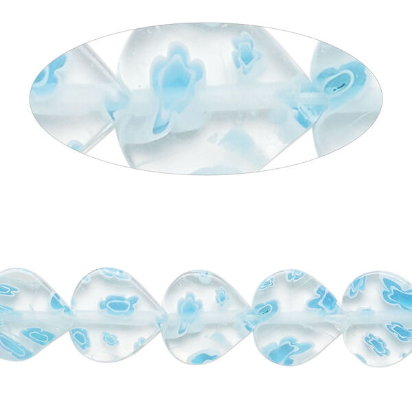 Bead, millefiori glass, translucent clear / white / blue, 10x8mm-11x9mm flat heart. Sold per 14-inch strand. image number 0
