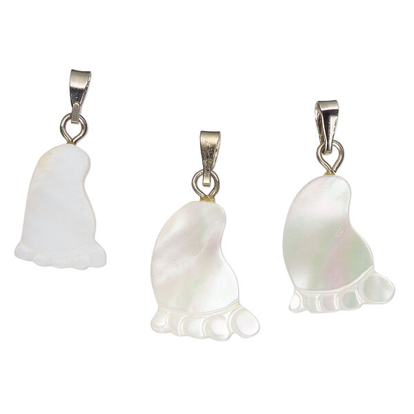 Pendant, mother-of-pearl shell (bleached) / antique silver-finished "pewter" (zinc-based alloy) / steel, 15x8mm-17x12mm single-sided carved foot. Sold per pkg of 3. image number 0
