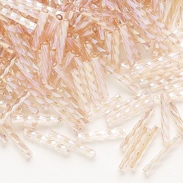 Bugle bead, Dyna-Mites™, glass, transparent rainbow pink, 12mm twisted. Sold per 1/2 kilogram pkg. image number 0