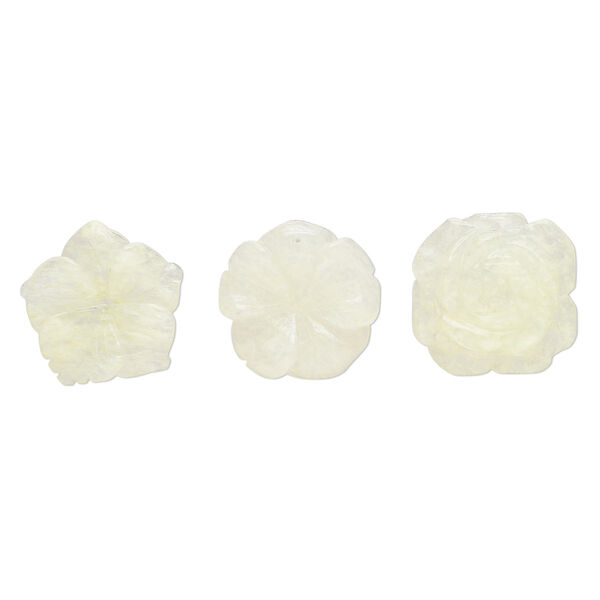 Focal mix, glass, translucent neon yellow, 35x30mm-35x35mm top-drilled carved speckled flower. Sold per pkg of 3. image number 0