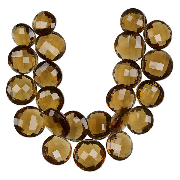 Golden quartz 1pkg1, hand-cut top-drilled faceted puffed flat round bead 7 inch graduated 15-21mm image number 0