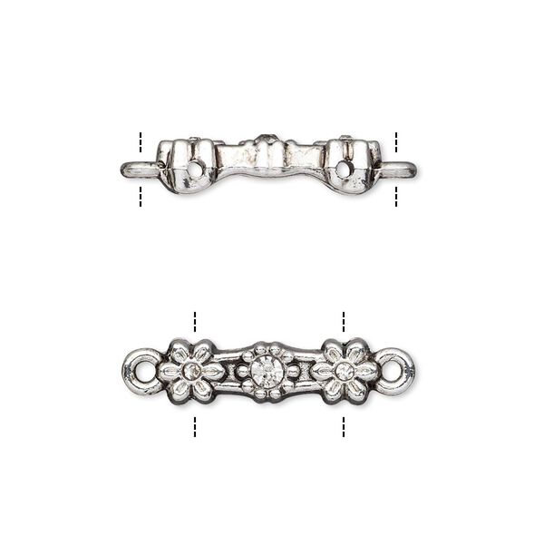 Link, glass rhinestone and antique silver-finished "pewter" (zinc-based alloy), clear, 18x5mm double-drilled bar with flower design, fits up to 11.5mm bead. Sold per pkg of 10. image number 0