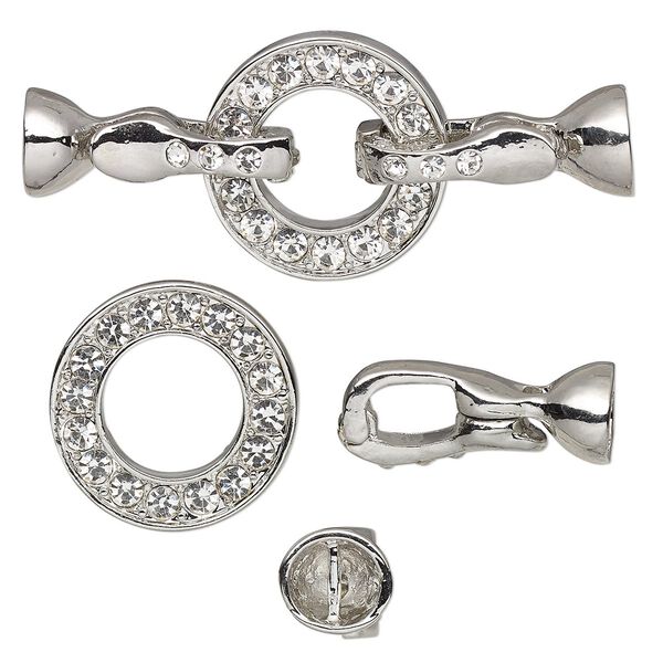 Clasp, magnetic and double latch fold-over, glass rhinestone and silver-plated "pewter" (zinc-based alloy), clear, 54x22mm flat ring with (2) 6.2mm glue-in end caps. Sold individually. image number 0