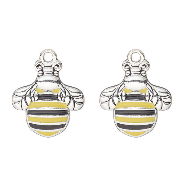 Charm, antique silver-finished "pewter" (zinc-based alloy) and enamel, yellow and black, 19x17mm single-sided bumble bee. Sold per pkg of 2. image number 0