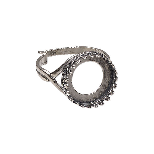 Ring, JBB Findings, antiqued sterling silver, 16mm wide with decorative trim and 14mm round bezel setting, adjustable from size 6-8. Sold individually. image number 0