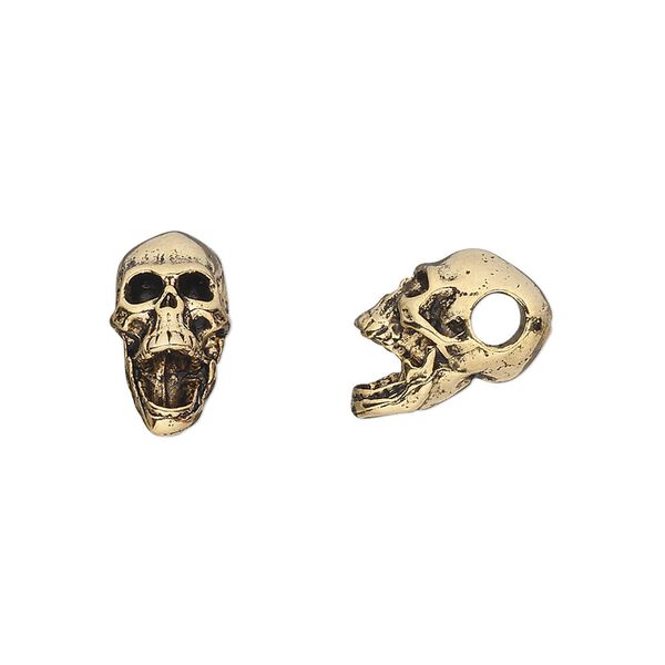 Bead, pewter (tin-based alloy), pkg/1, antique gold plate, 14x10mm skull. image number 0