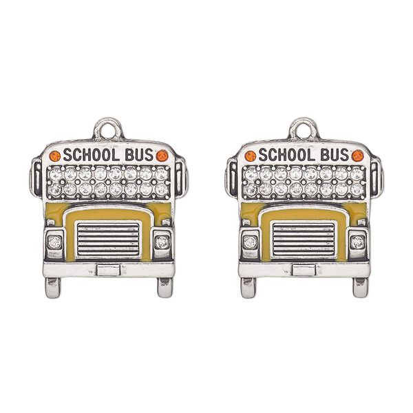 Charm, antique silver-finished "pewter" (zinc-based alloy) / enamel / glass, yellow / red-orange / clear, 23x22mm single-sided school bus. Sold per pkg of 2. image number 0