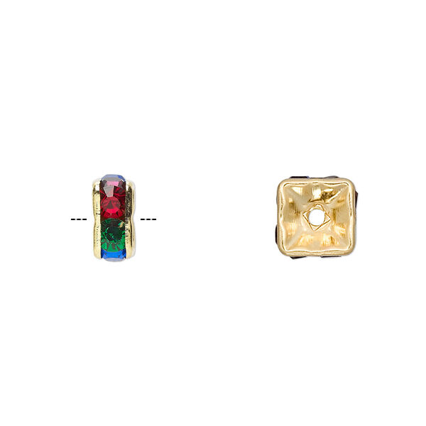 Bead, gold-finished brass and glass rhinestone, multicolored dark, 8x4mm squaredelle. Sold per pkg of 10. image number 0